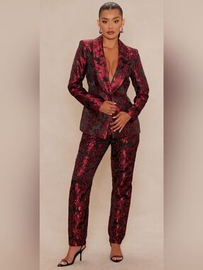 Fashion Nova Crimson Touch Red Floral Jacquard Blazer & Pant Set, NWT